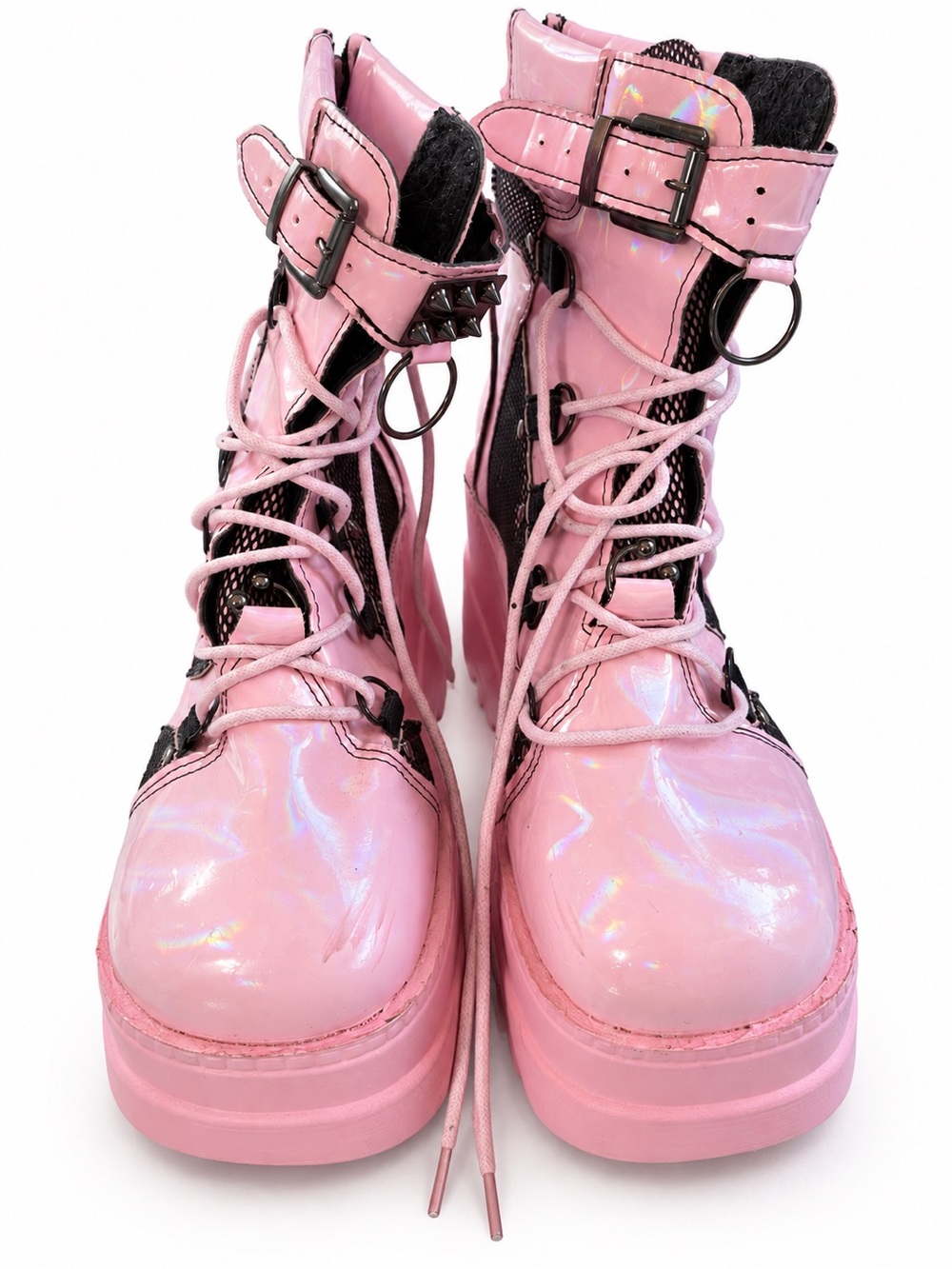 Pink Patent Lace-Up Combat Boots with Buckle Detail